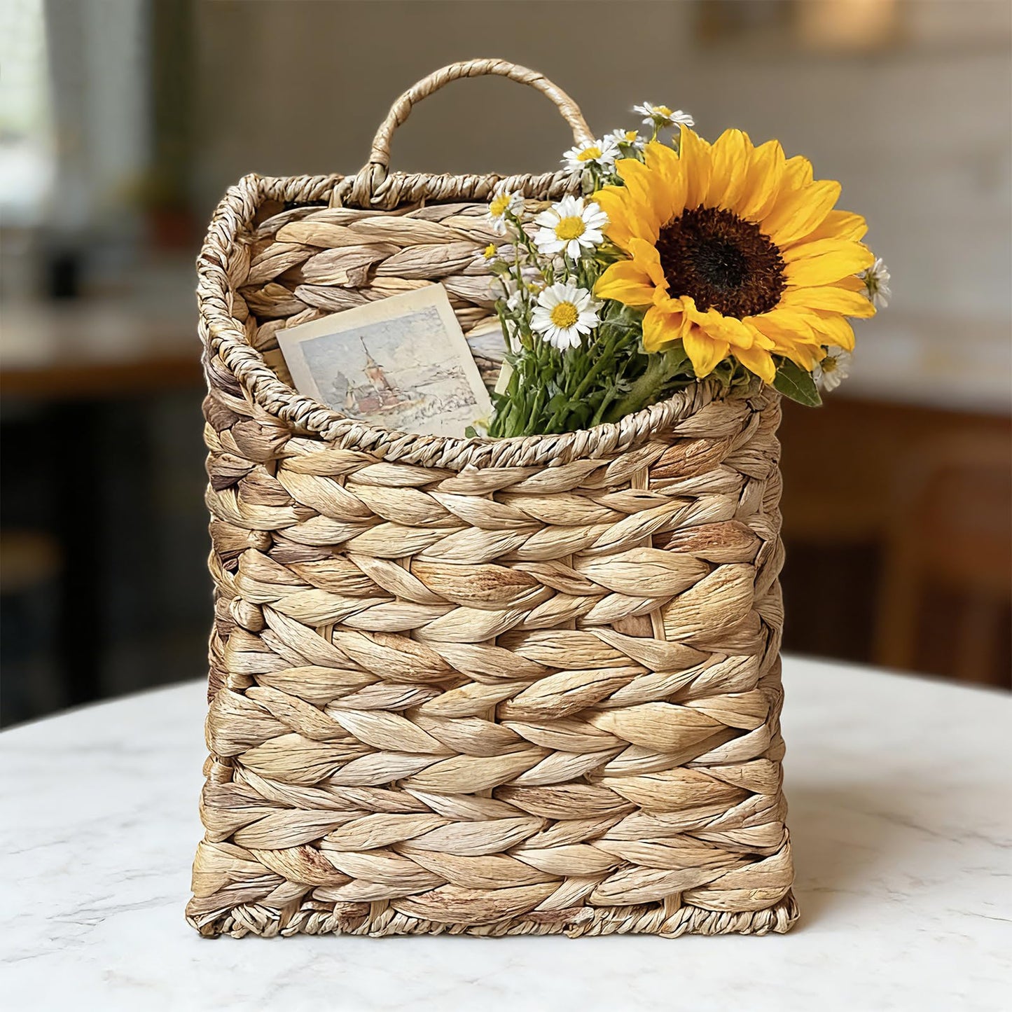 Boho Wall Hanging Basket, Water Hyacinth Woven Basket for Front Door, Flat Back Wall Mounted Entryway Organizer, Storage for Flowers, Plants, Farmhouse, Home Decor