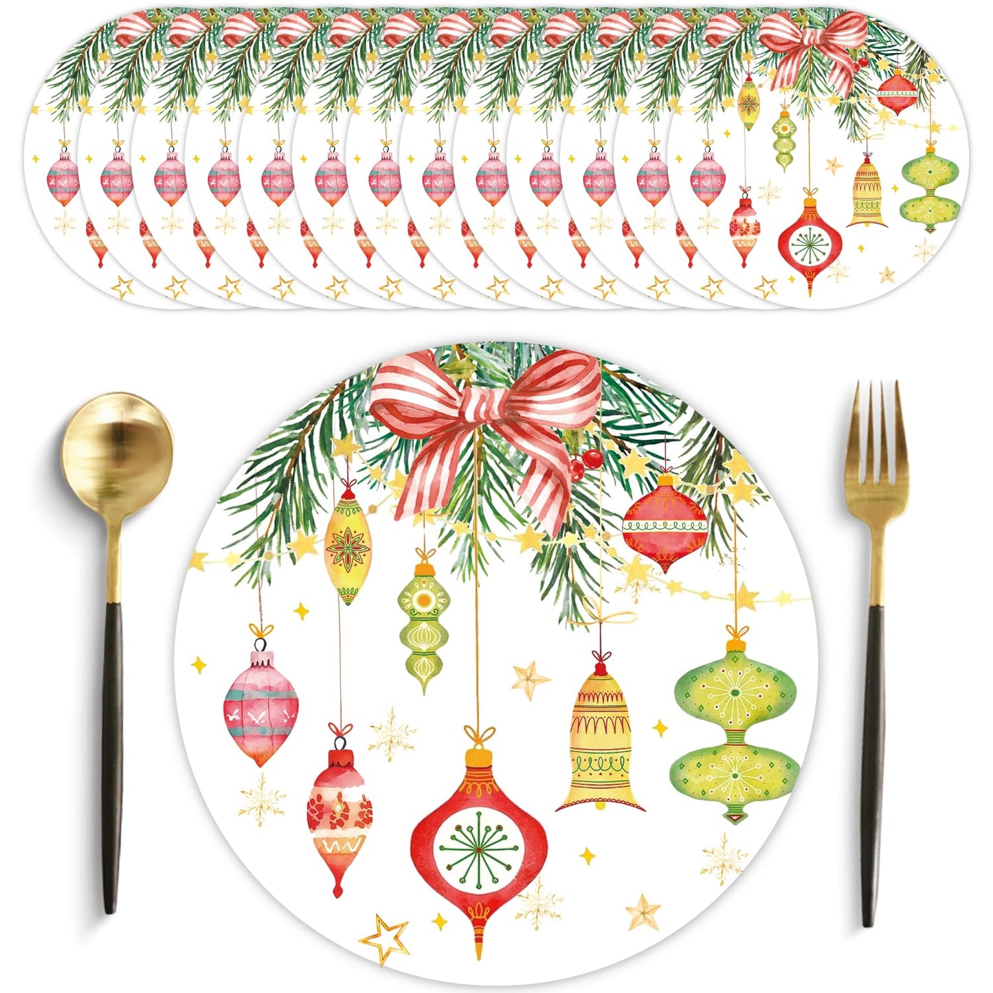 50 Pack Christmas Paper Placemats 13.7 Inch Xmas Disposable Round Place Mats Winter Christmas Ball Table Mats for Holiday New Years Party Home Dinner Table Setting