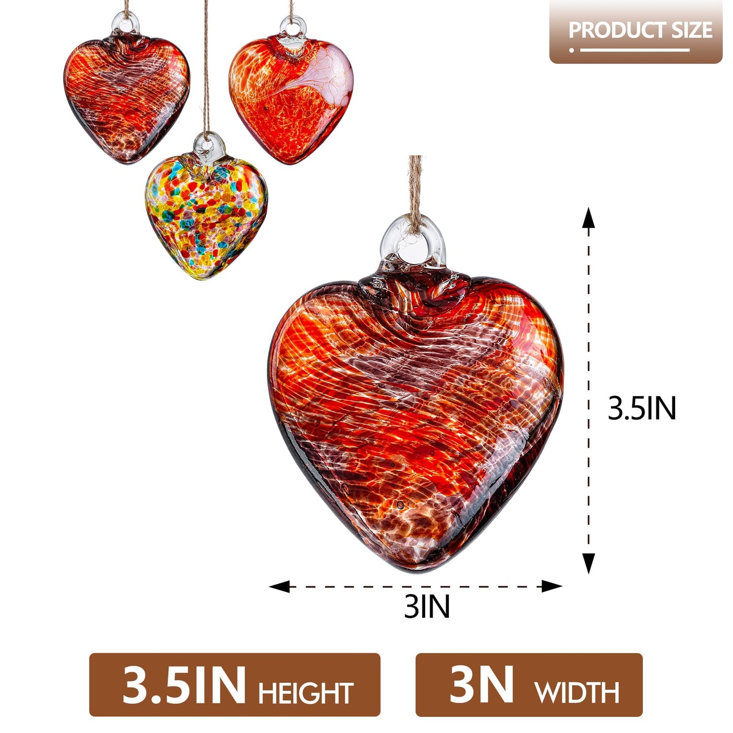 3Pcs Hand Blown Glass Heart Ornaments 3.5inch Hanging Crystal Heart Figurine for Home Garden Wedding Party Decor (Red)
