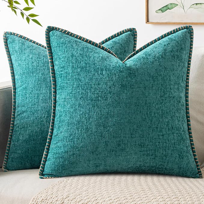 MIULEE Pack of 2 Couch Throw Pillow Covers 16x16 Inch Teal Farmhouse Decorative Pillow Covers with Stitched Edge Soft Chenille Solid Dyed Summer Pillow Covers for Sofa Bed Living Room