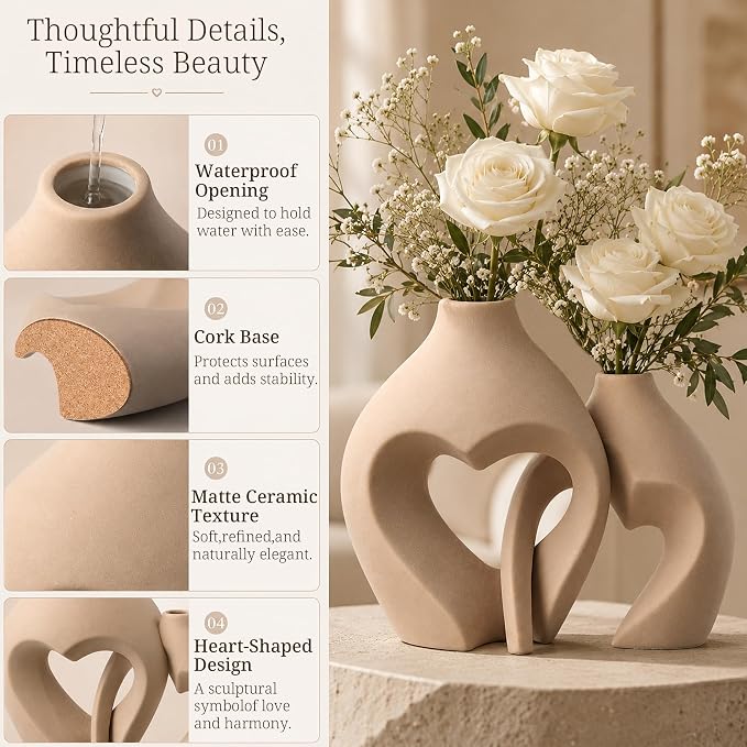 Brown Ceramic Flower Vases Home Decor Heart Shaped Vase Set of 2 Nordic Heart Shaped Vases, Minimalist Decorative Vase for Table Centerpiece Wedding Dining Living Room Office House Decoration