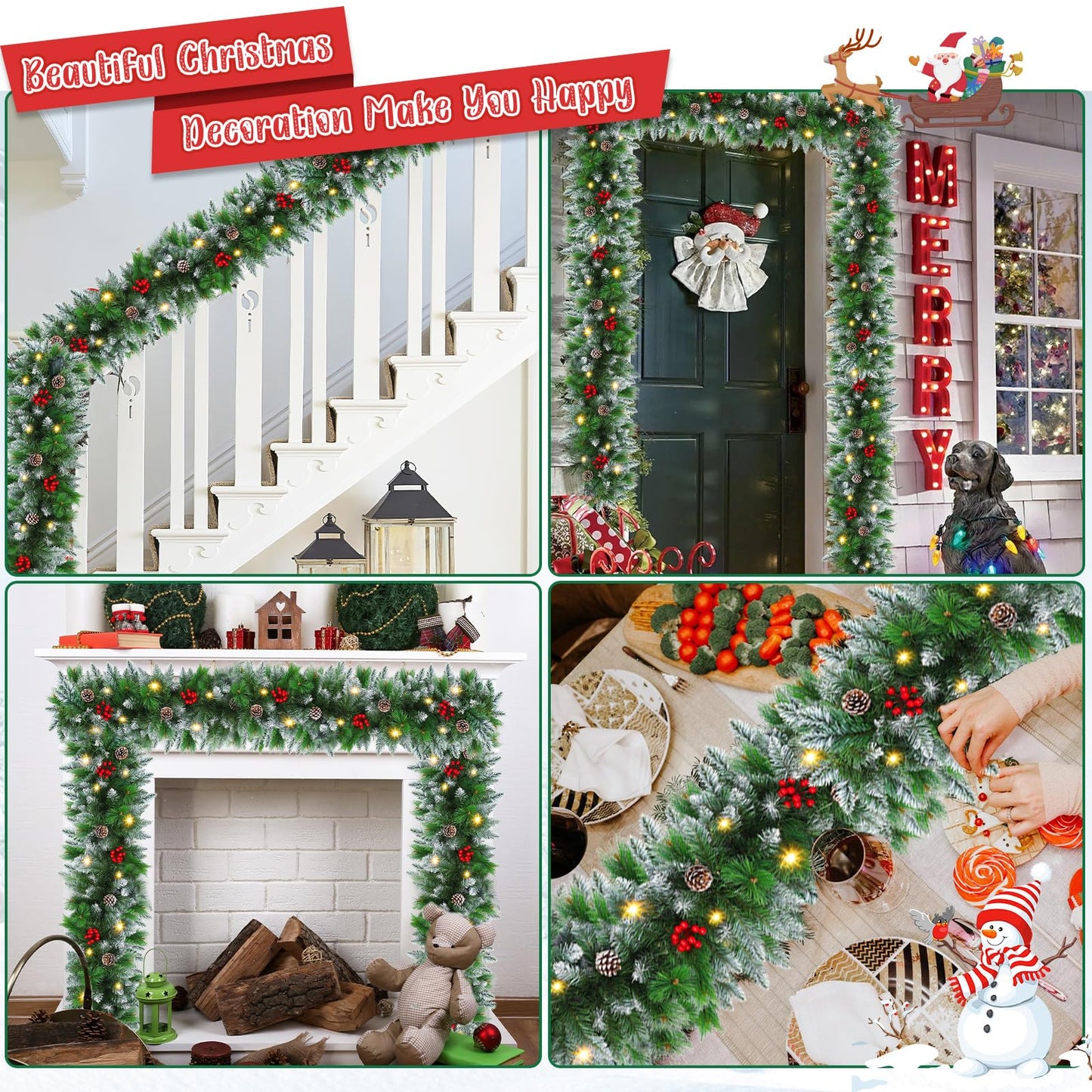 Christmas Garland with Lights - 9FT Pre-Lit Flocked Garland with 30 LED Bulbs, Red Berries, Pine Cones, Artificial Pine Battery Operated Garland for Fireplace, Staircase, Indoor & Outdoor Decoration