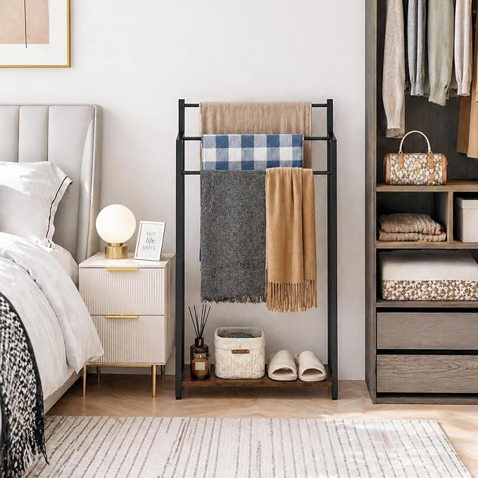Freestanding Towel Rack, 3 Tier Blanket Ladder Stand with Rustic Brown Wooden Shelf for Bathroom Living Room (31.5" H x 16.9" W x7.9 D)