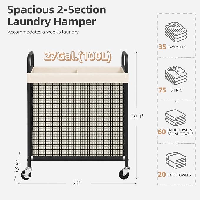 STORAGE MANIAC Rolling Laundry Hamper with Wheels 2-Section Laundry Sorter Rolling Laundrys Basket on Wheels with Removable Bag Clothes Hamper Laundrys Organizer Cart Bathroom Bedroom 100L Beige
