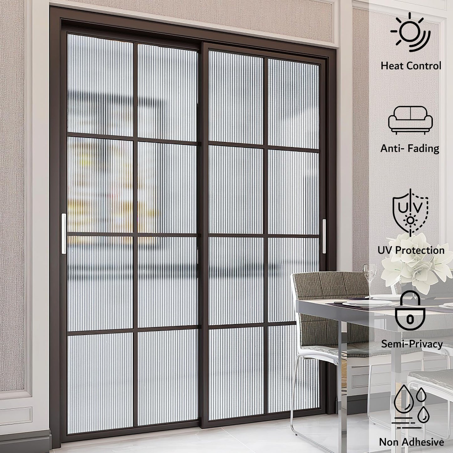 VELIMAX Reeded Glass Window Film, Window Privacy Film, Frosted Window Vinyl, 3D Decorative Decals Non Adhesive for Bathroom Living Room 23.6x78.7 inches