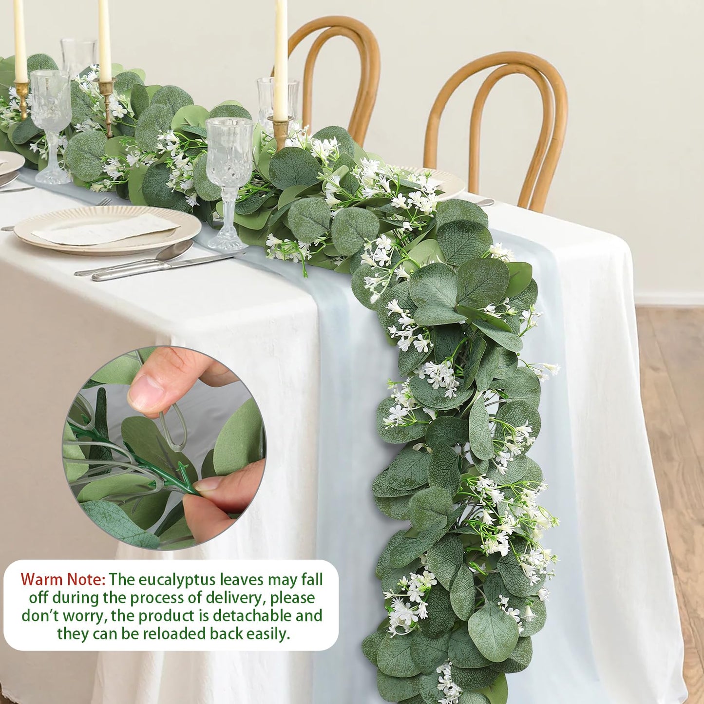 KHOYIME Eucalyptus Garland with White Flowers, 4 Packs 5.9Ft Artificial Silver Dollar Eucalyptus Leaves Plant Fake Greenery Hanging Ivy Vines Faux Wreath for Wedding Arch Party Mantle Table Home Decor