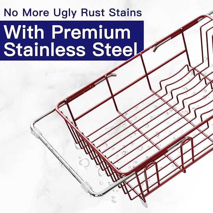 MAJALiS Red Dish Drying Rack Over Sink with Utensil Holder, Drainboard | Expandable Stainless Steel Dish Drainer for Small Kitchen, Apartment, RV, Counter Space Saving, Perfect Fit, Rustproof