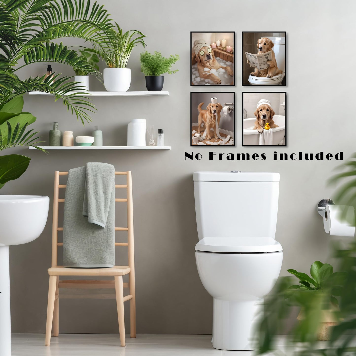 LUKIPOM Funny Golden Retriever Bathroom Wall Art Prints 8x10 Set of 4, Golden Retriever Funny Dog Wall Wall Art Posters for Bathroom Washroom Restroom Decor, Unframed