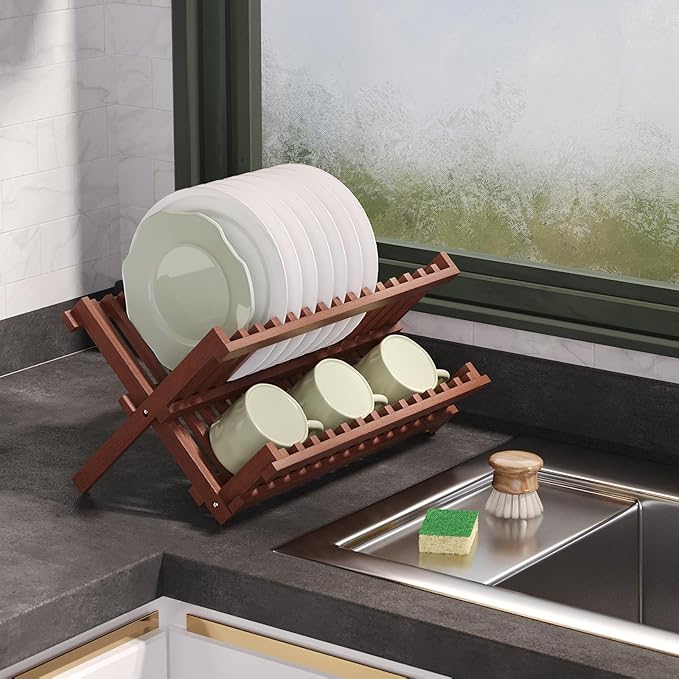 VERTORGAN Teak Dish Drying Rack,Folding Collapsible Drainer Plate Organizer Holder for Kitchen,Foldable Spice Rack for Countertop and Cabinet,Pantry Organization and Storage