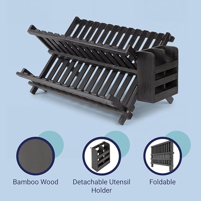 happimess DSH2000C Arlen Farmhouse Bamboo Foldable 2-Tier Dish Drying Rack with Detachable Utensil Holder, Black