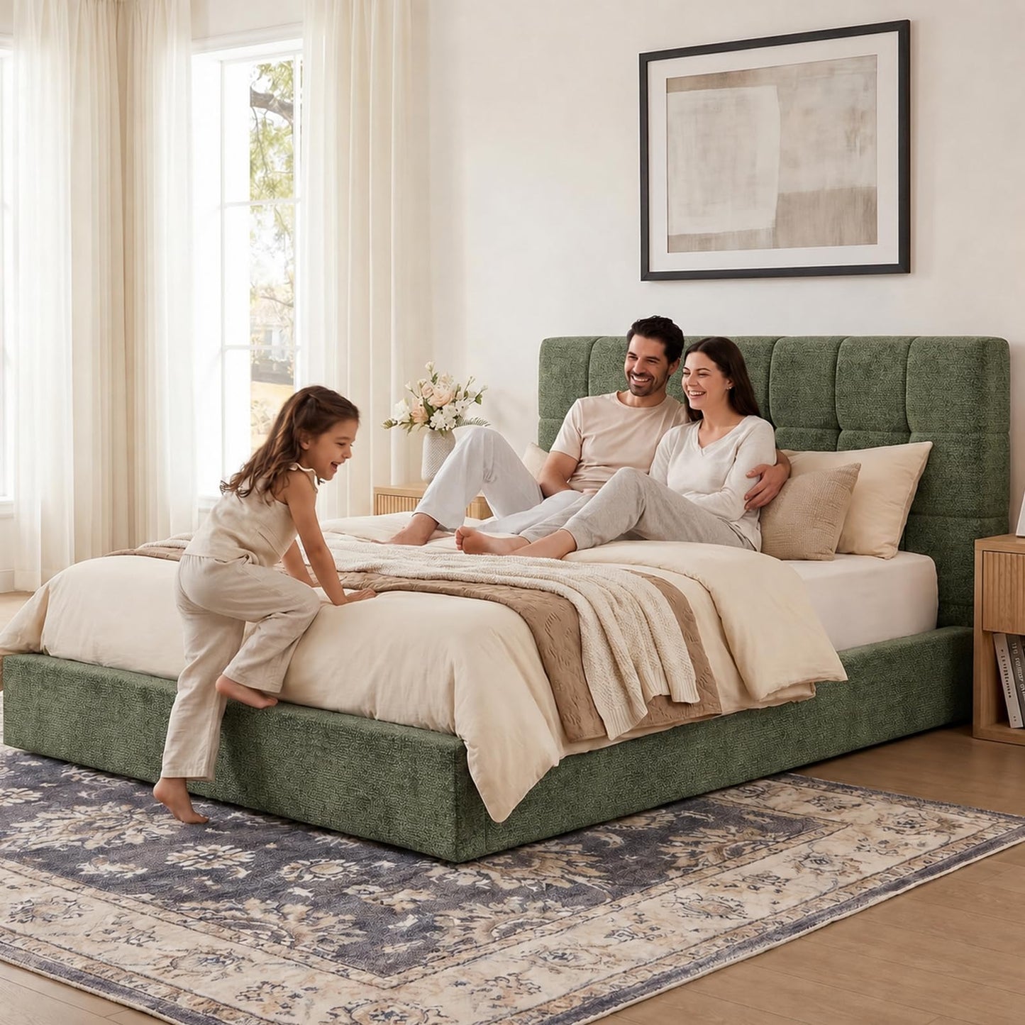 Lab Cosi Queen Cloud Bed Frame, Heavy Duty Upholstered Platform Bed with 2 Support Beams & Crossbar, 5.9" Thickened Foam for Safety, Easy Assembly, No Box Spring Needed, Exclusive Sage Green