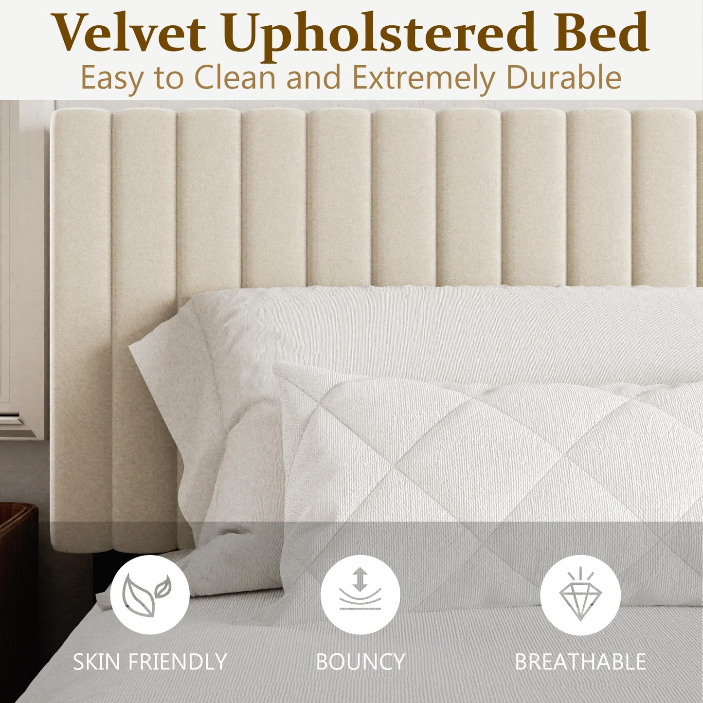 Sismplly King Size Bed Frame with Velvet Upholstered Headboard, Platform Bed with Strong Wood Slats, Mattress Foundation, Box Spring Optional, Easy Assembly, Beige