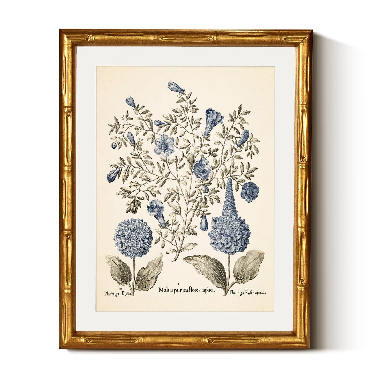 InSimSea Gold Bamboo Framed Canvas Wall Art, Retro Blue Hydrangea Botanical Prints, Antique Flowers Picture Frame with Mat, Victorian Home Wall Decor for Kitchen Living Room Bedroom, 11x14inch