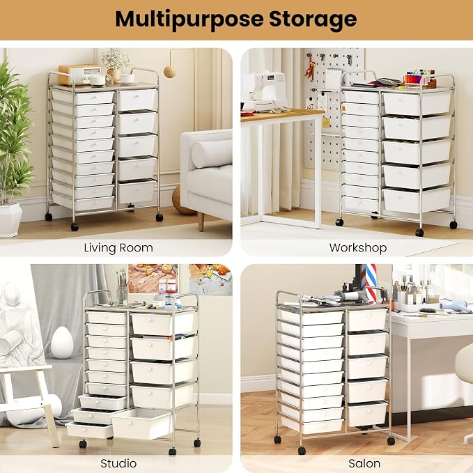 Giantex 15 Drawer Rolling Cart with Drawers, Storage Organizer Cart for Classroom Office School Teacher, Mobile Drawer Cart for Tools, Crafts, Small Printer, Ivory