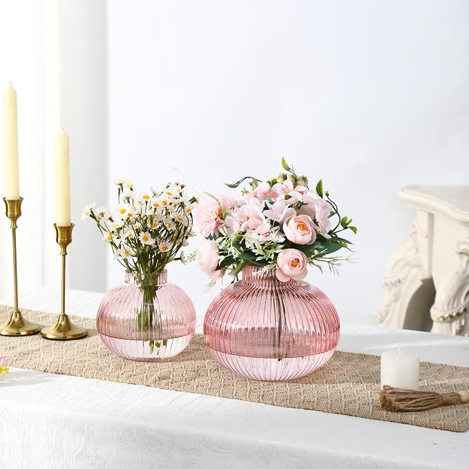Pink Glass Vases for Tulips, Set of 2, Flower Vases for Bouquet, Ribbed Glass Vase for Flowers, Short Vase for Living Room, Office, Coffee Table, Shelf, Wedding