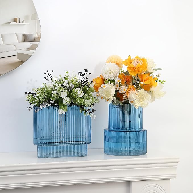 Blue Glass Vases, Set of 2 Ribbed Vases for Flowers, Blue Vase for Tulips, Modern Glass Vase for Living Room, Dining Table, Office, Entryway, Mantle, Bookshelf, Wedding Gifts