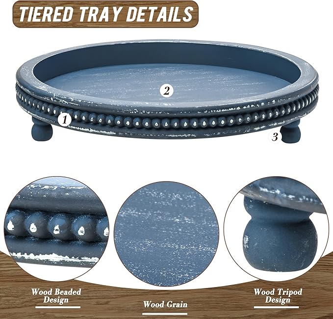Handmade 12 Inch Decorative Tray, Small Beaded Tray Coffee Table Decor, Blue Decorative Display Risers for Coffee Table, Dining Room Entryway and Living Room