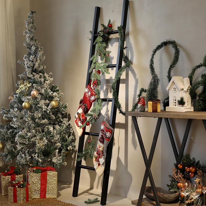 FUIN 6ft Wooden Black Blanket Ladder Living Room Decorative Wall Leaning Farmhouse Quilt Display Holder Rustic Wood Towel Rack for Bathroom