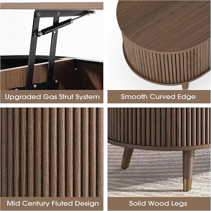 JOINICE 42.5" Oval Lift Top Coffee Table with Storage, Mid Century Modern Walnut Center Table with Fluted Design, Solid Wood Legs & Hidden Compartment, Pop Up Coffee Table for Living Room