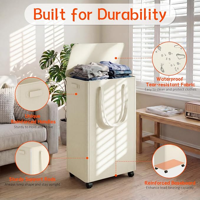 Slim Laundry Hamper with Wheels,18 Gal (70L) Rolling Laundry Basket with lid and wheels Clothes Hamper Foldable Tall Dirty Clothes Basket Sturdy Collapsible Clothes Hamper for Dorm,Laundry Room