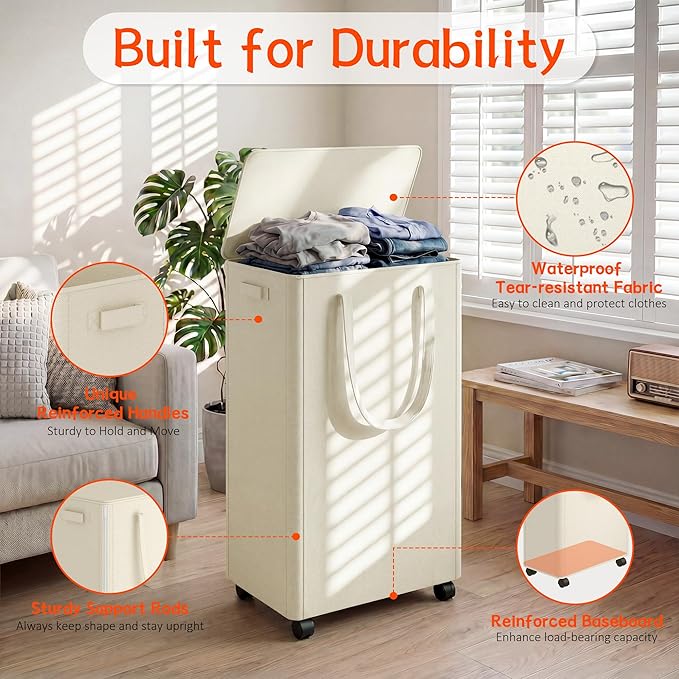 Slim Laundry Hamper with Wheels,20 Gal (75L) Rolling Laundry Basket with lid and wheels Clothes Hamper Foldable Tall Dirty Clothes Basket Sturdy Collapsible Clothes Hamper for Dorm,Laundry Room