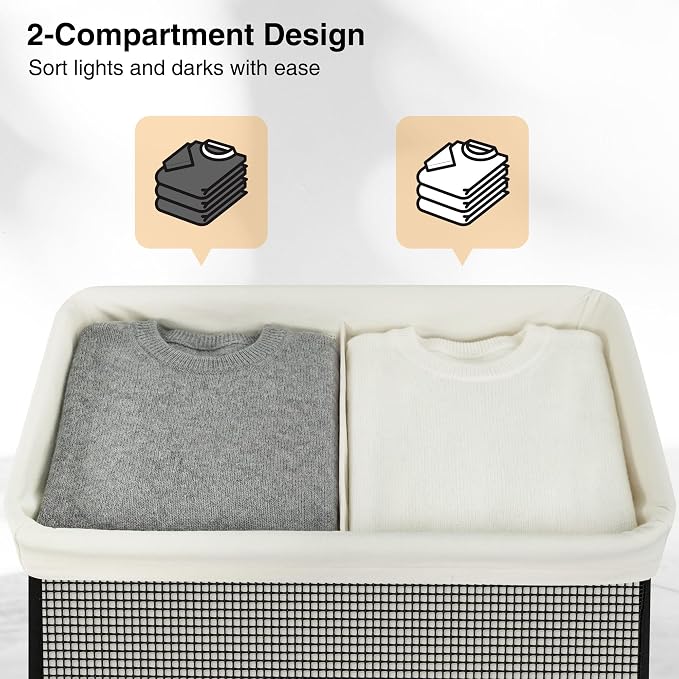 STO STO Double Laundry Hamper with Lid, 140L Large 2 Section Laundry Sorter, Laundry Basket with Removable Washable Canvas Liner Bag, Breathable Clothes Hamper for Bedroom Bathroom Laundry Room Closet
