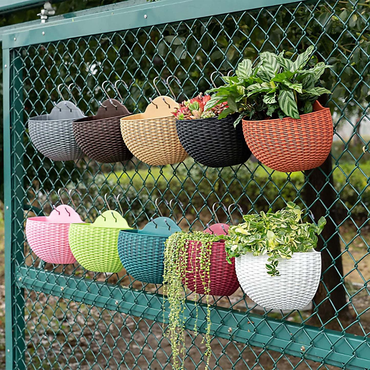 Hanging Planter Pot, Wall and Railing Hanging Planters with S Hooks, Half Round Imitation Rattan European Style Wall Flowerpot Rustic Decorative Flower Basket for Home Balcony Garden(#26*20.5cm Green)
