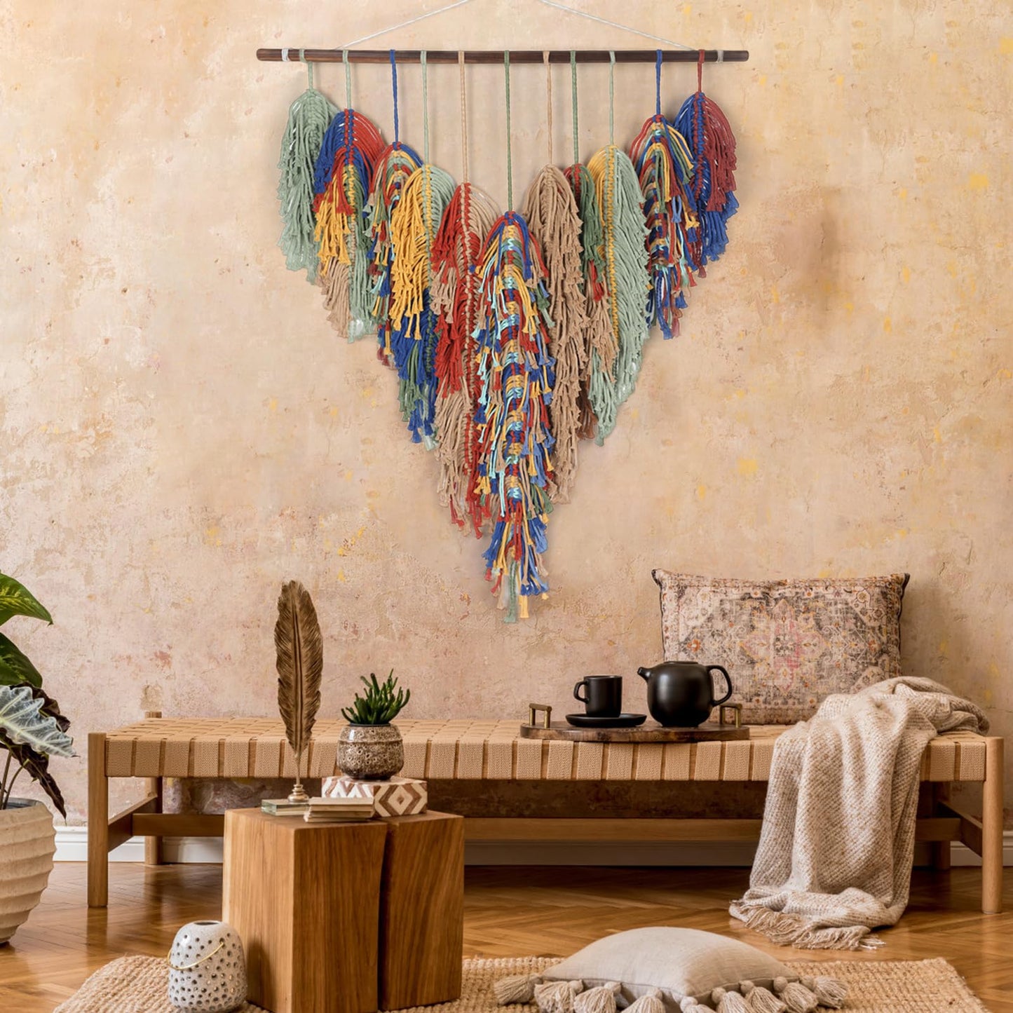 GYHPD Large Handmade Macrame Wall Hanging, Boho Wall Decor, Boho Woven Tassel Wall Art, Rustic Bohemian Home Decor for Living Room Bedroom, Aesthetic Housewarming Gift for Mom (Feather)