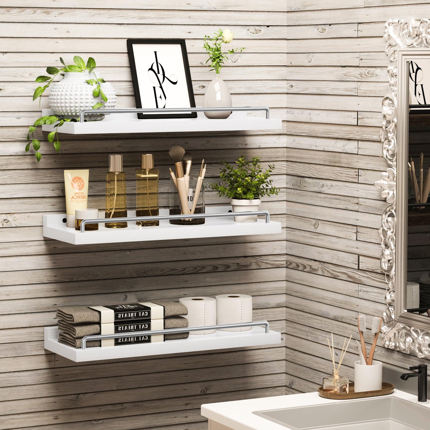 RYOFOBETTO Floating Shelves for Wall Decor, White and Grey Shelves for Bathroom, Living Room, Bedroom, Picture Frames, Plants, Kitchen (Set of 3)