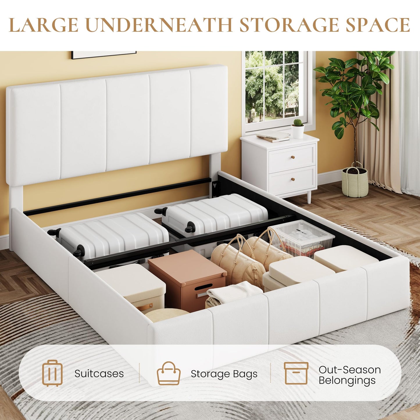 SHA CERLIN Queen Size Lift Up Storage Bed Frame, Adjustable Headboard, Hydraulic Support, Velvet Upholstered, Easy Installation, No Box Spring Needed, White