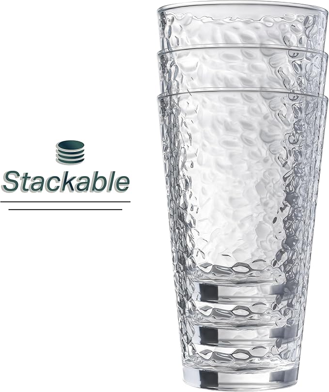 Le'raze Set of 10 Hammered Glass Cups, Clear Heavy Base Drinking Glasses | 16oz, Stackable, Durable, Dishwasher Safe, Freezer Safe, Non Slip, 100% Food Grade, BPA Free, Secure Packaging, Eco-Friendly
