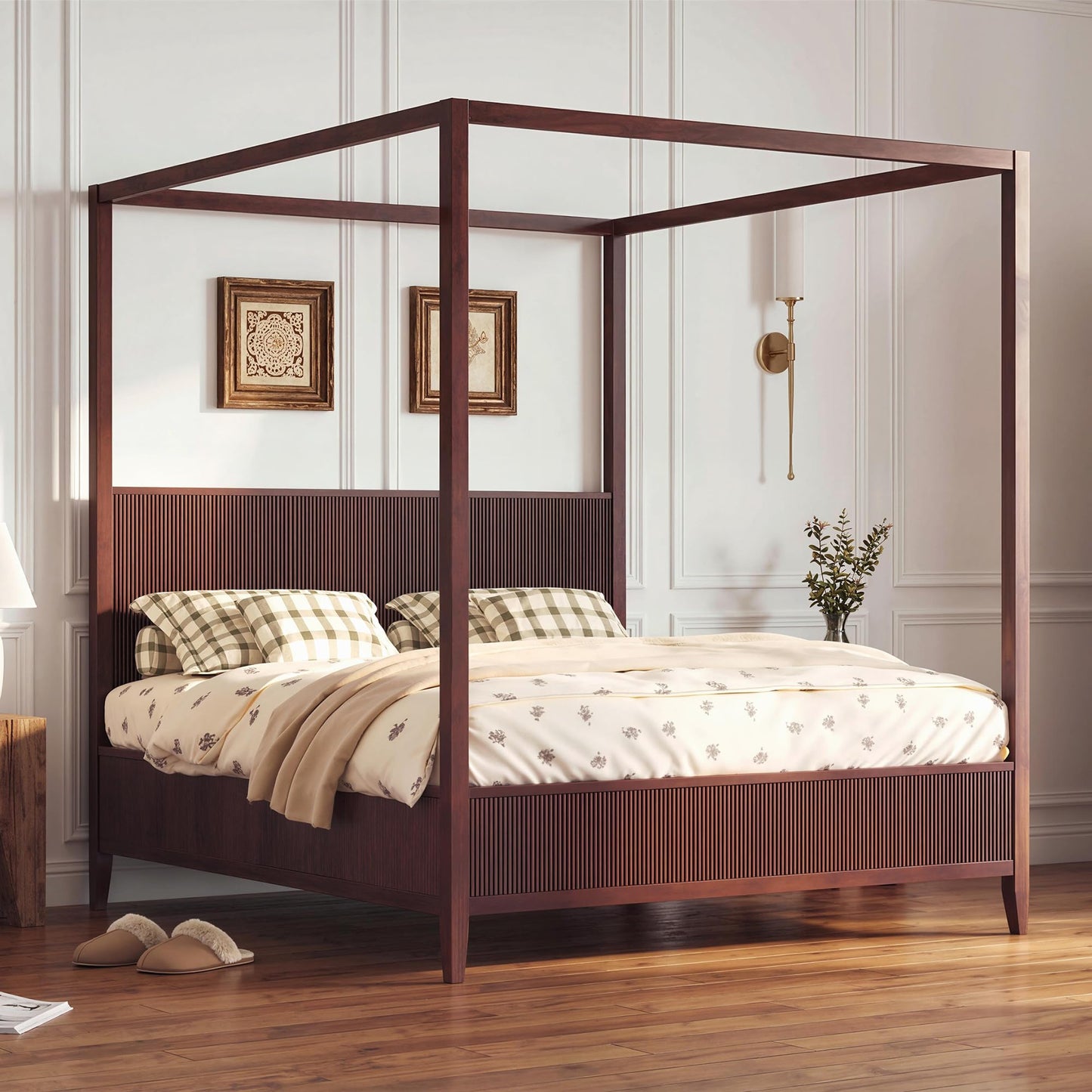 Merax Modern Luxury King Size Wooden Canopy Bed Frame with Headboard, Slats Support, Wood 4 Poster Bed Frame, No Box Spring Needed, Contemporary Bedroom Furniture, Espresso