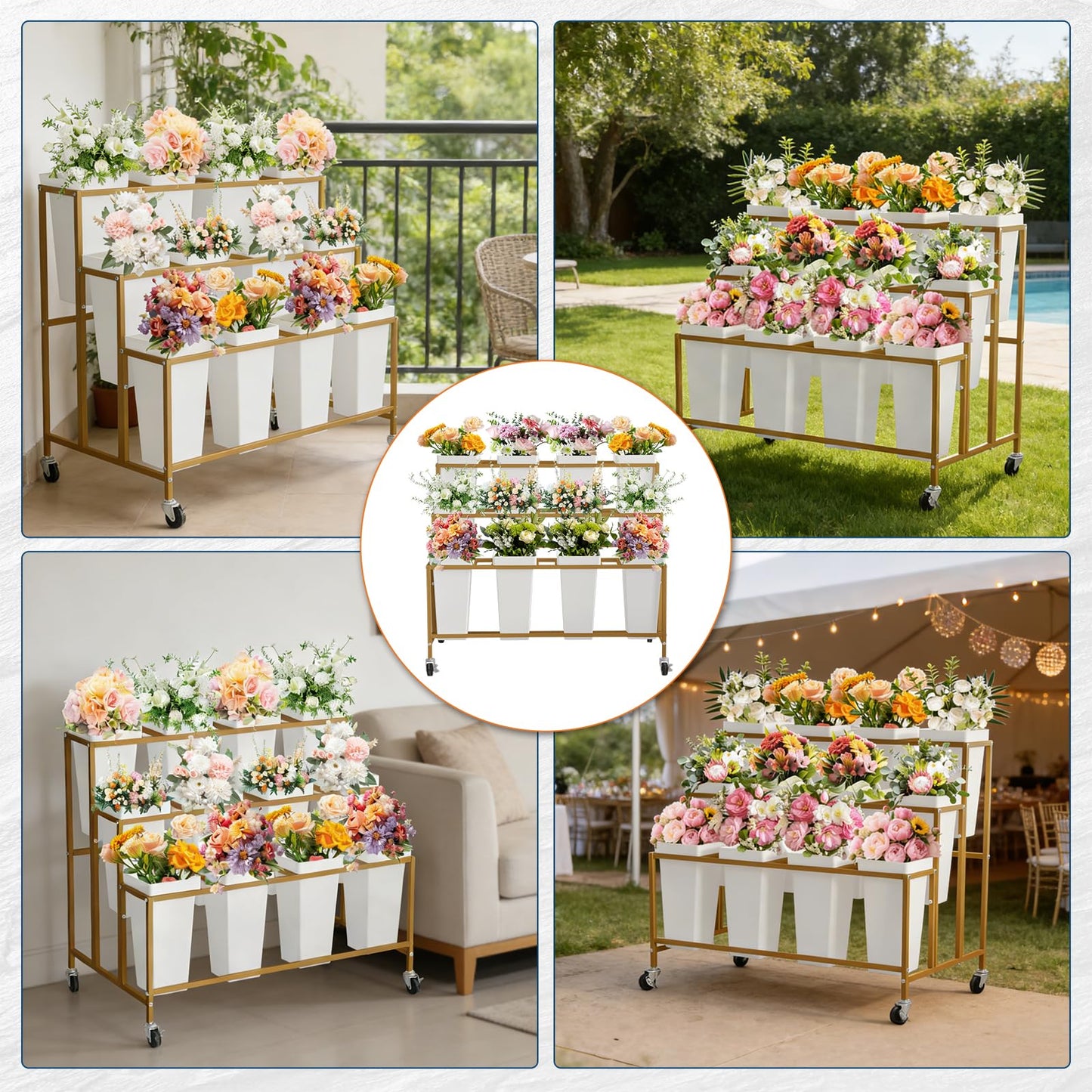 Garvee Flower Display Stand,3 Tier Flower Cart with 12 Round Buckets and Wheels, Moving Flower Cart Display Stand for Garden, Wedding, Flower Shop,Gold