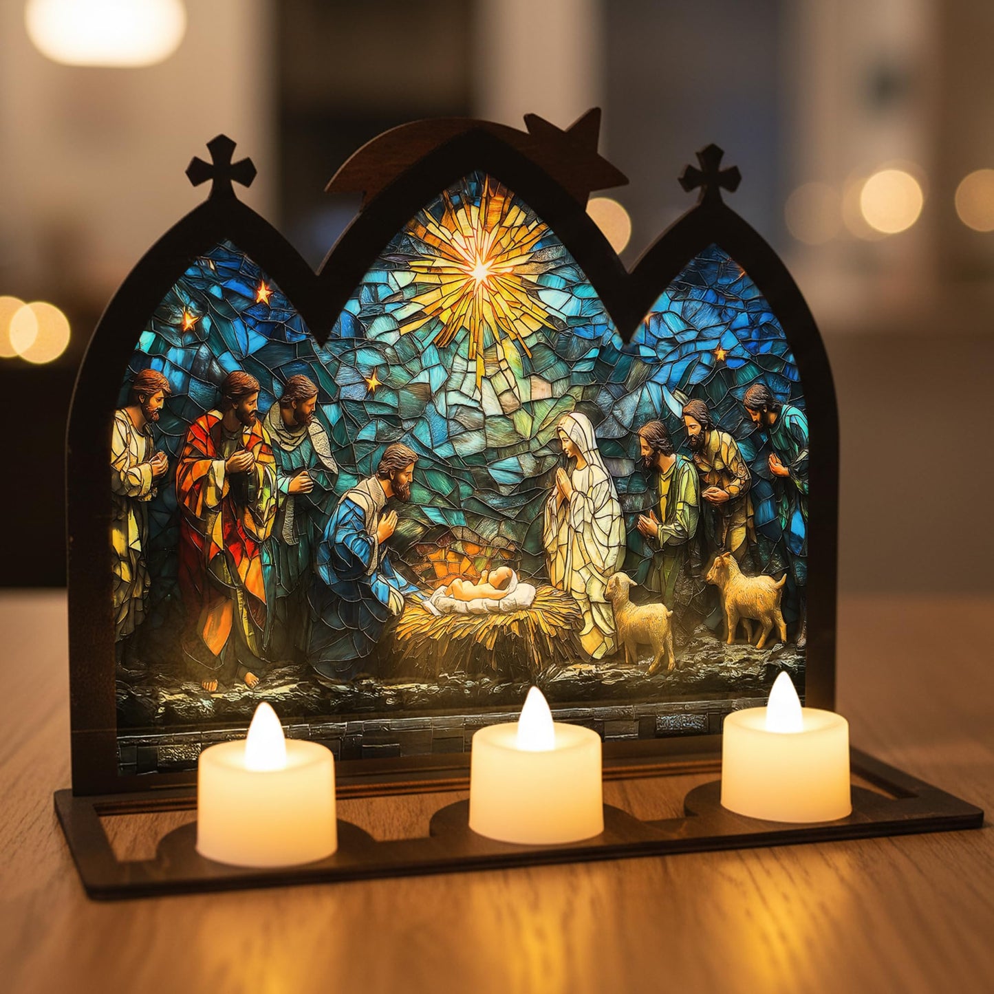 DINIZON Wooden Nativity Set, Wood Christmas Nativity Scene Set, Miniature Holy Family Figurines, Table Top Boho Christmas Jesus Decorations for Indoor Mantel Display, Miracle In A Manger Gift (Candle Holder)