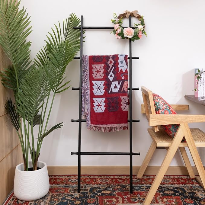 5-Tier Blanket Ladder – 4.8 Ft Wall Leaning Quilt Rack, Farmhouse Blanket Storage for Living Room, Bedroom & Bathroom – Rustic Decorative Wooden Towel & Quilt Holder, Easy to Assemble