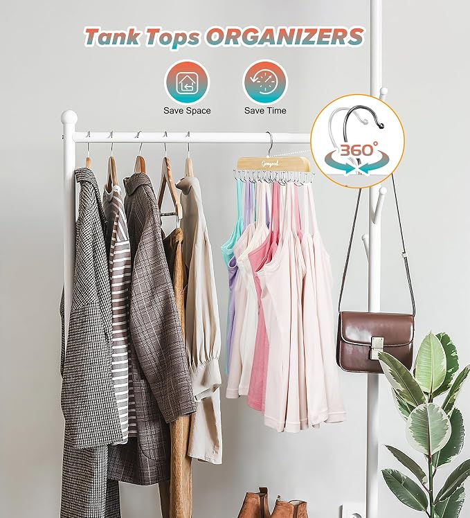 Gomyrod Bra Hanger for Closet, Tank Top Hangers 2 Pack w/20 Hooks Holds 40 Bras, Capacity Foldable Wood Space Saving Hanger, 360°Rotating Closet Organizers and Storage for Dorm & Apartment