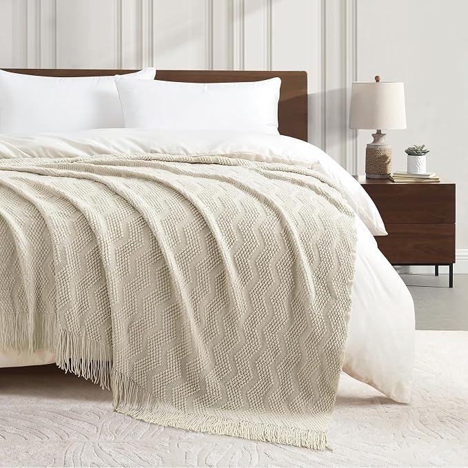 BOURINA Beige Throw Blanket 50x60 Inches Throw Textured Solid Soft Ripple Throws and Blankets for Sofa or Bed Knitted Decorative Throw