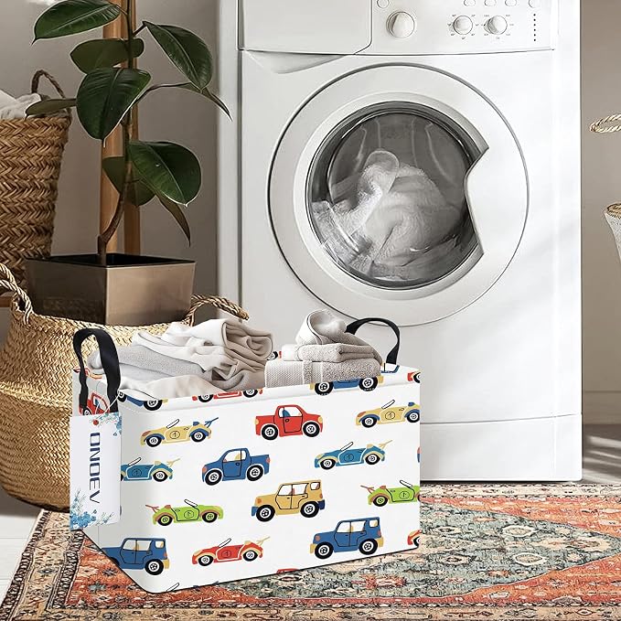 Rectangular Cartoon Car Pattern Storage Bin, Decorative Canvas Laundry Basket with Dual Handles, Foldable Household Toy Organizer, Multipurpose Party Gift Basket for Bedroom Dorm (Car)