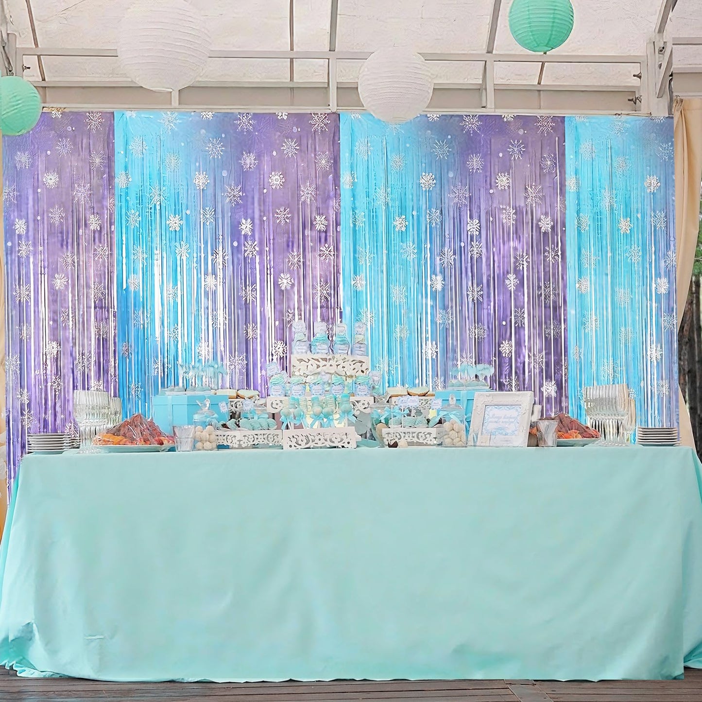 4 Pack 3.3x6.6 Ft Winter Princess Birthday Party Decorations Snowflake Backdrop Tinsel Foil Fringe Curtains Ice and Snow Birthday Party Supplies Snowflake Photo Booth Prop Backdrop Streamer