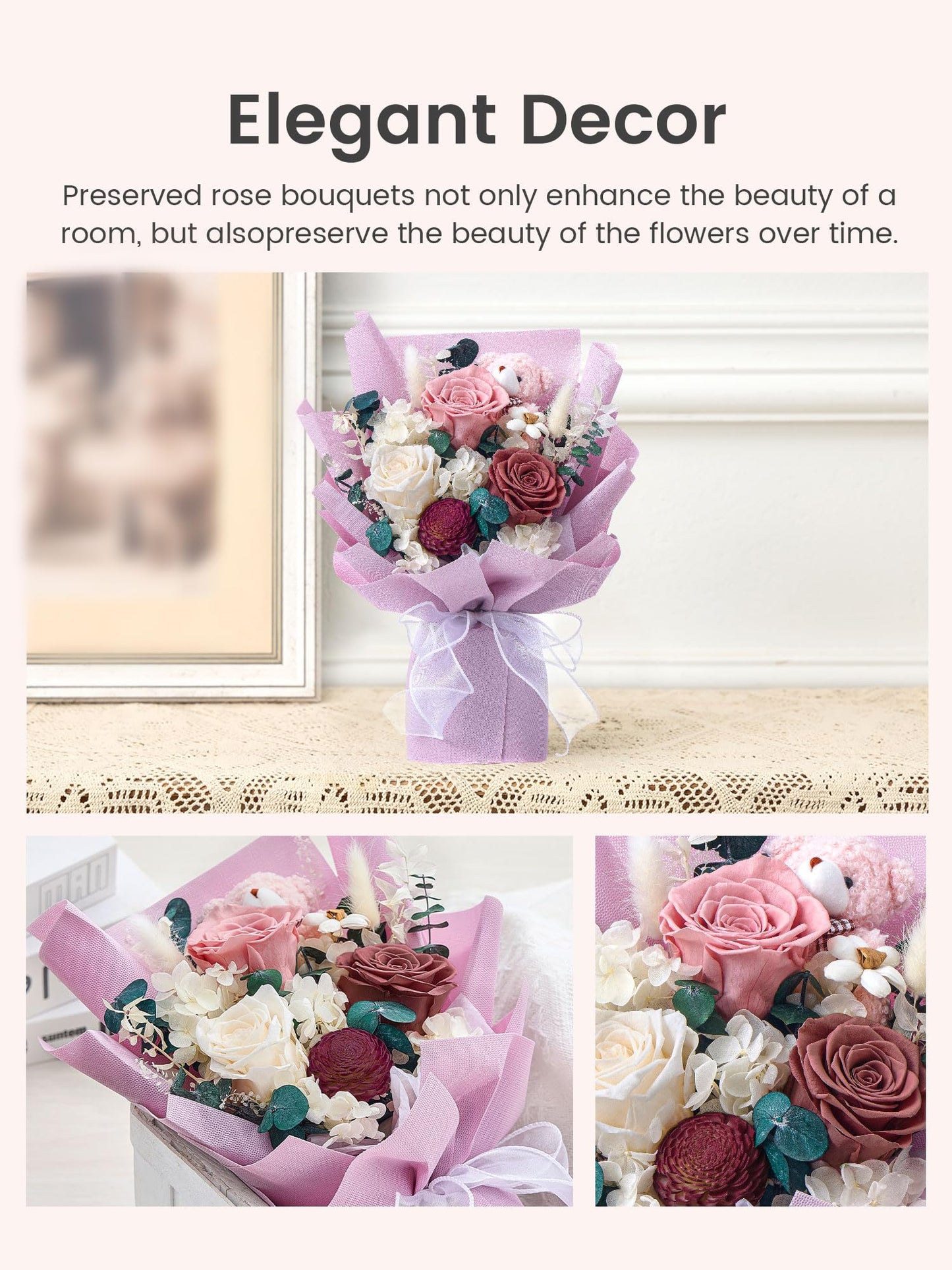 Polylove Forever Flower Bouquet Flowers for Delivery Prime Preserved Roses with Bear Gift Box for Wife Women Mother Day Anniversary Birthday (Purple)