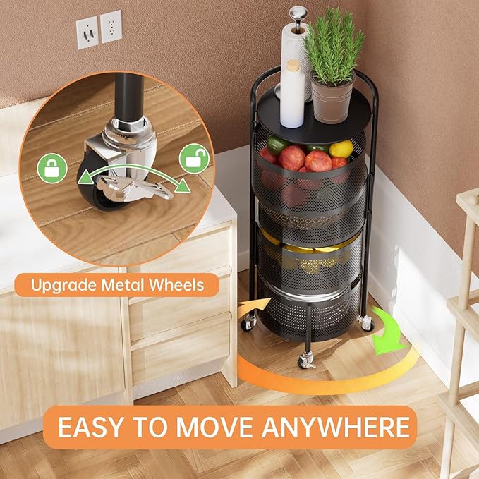 JAQ No Assembly Kitchen Storage Cart with Wheels, 4-Tier Rotating Vegetable & Onion Storage Rack, Metal Produce Organizer for Potato, Fruit and Pantry, Black