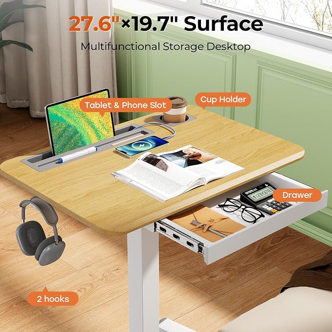 Mobile Standing Desk with Drawer, 28" Rolling Desk with Cup Holder and Hooks, Portable Laptop Workstation on Wheels, Height Adjustable Cart with Storage for Home Office, Maple