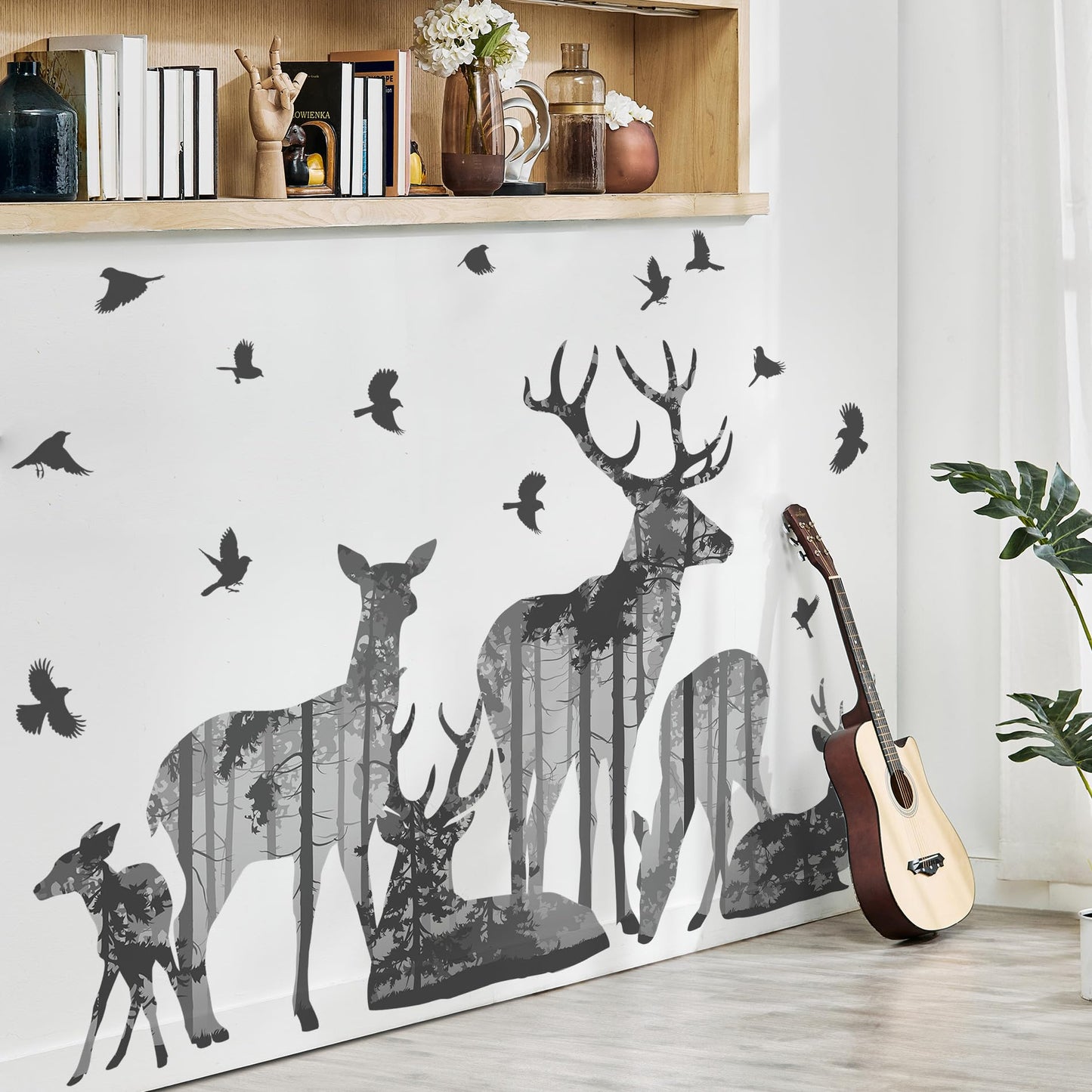 DRWSSR 2 Sheets Forests Silhouette Animals Wall Decals Removable Wild Elk Tree Wall Decals Peel and Stick Vinyl Birds Wall Art Decor for Children Nursery Bedroom Living Room Wall Corner Decor