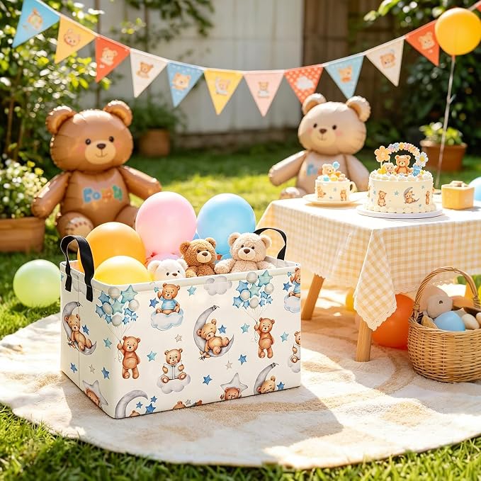 Rectangular Cute Bear Pattern Storage Bin, Decorative Canvas Laundry Basket with Dual Handles, Foldable Toy & Household Organizer, Multipurpose Party Gift Basket for Home Bedroom Dorm