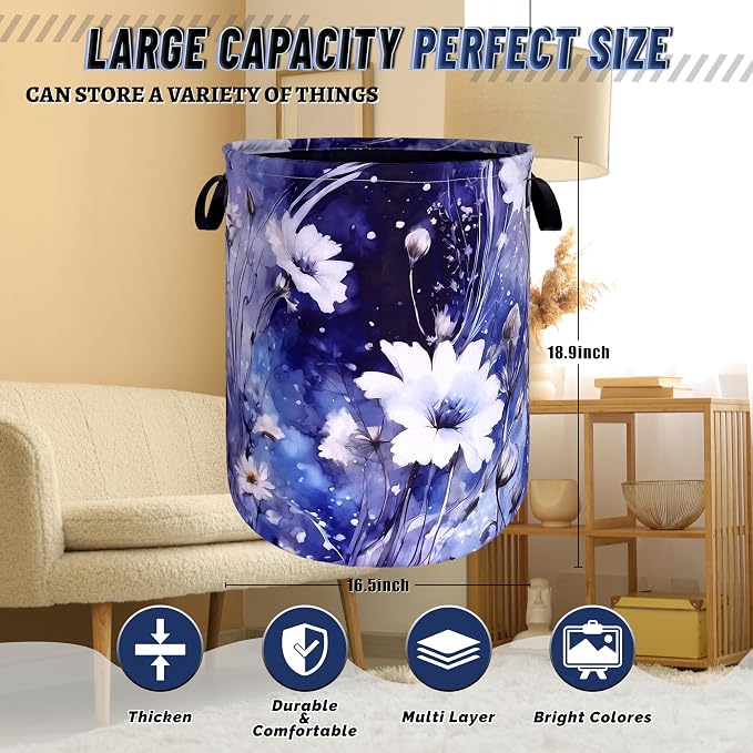 Blue Daisy Flower Laundry Basket Foldable Oxford Cloth Watercolor Floral Laundry Hamper With Handle Portable Clothes Storage Organizer Basket 18.9"x16.5" Storage Bag For Laundry Room/Bathroom/Bedroom
