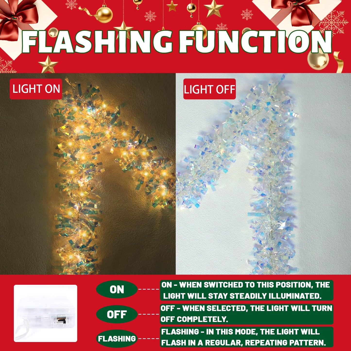 LAWOHO 16.5FT/5M Christmas Tinsel Garland with Lights, Shiny Iridescent Foil Garland for Valentines Day, Christmas Tree, Wedding Birthday Party, New Year Holiday, Indoor Outdoor Hanging Home Decor