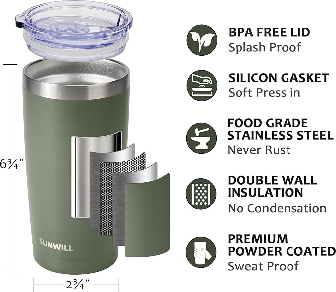 SUNWILL Travel Coffee Tumbler 20 oz, Insulated Mug with Lid, Stainless Steel Iced Cup for Outdoor, Powder Coated Camp Green