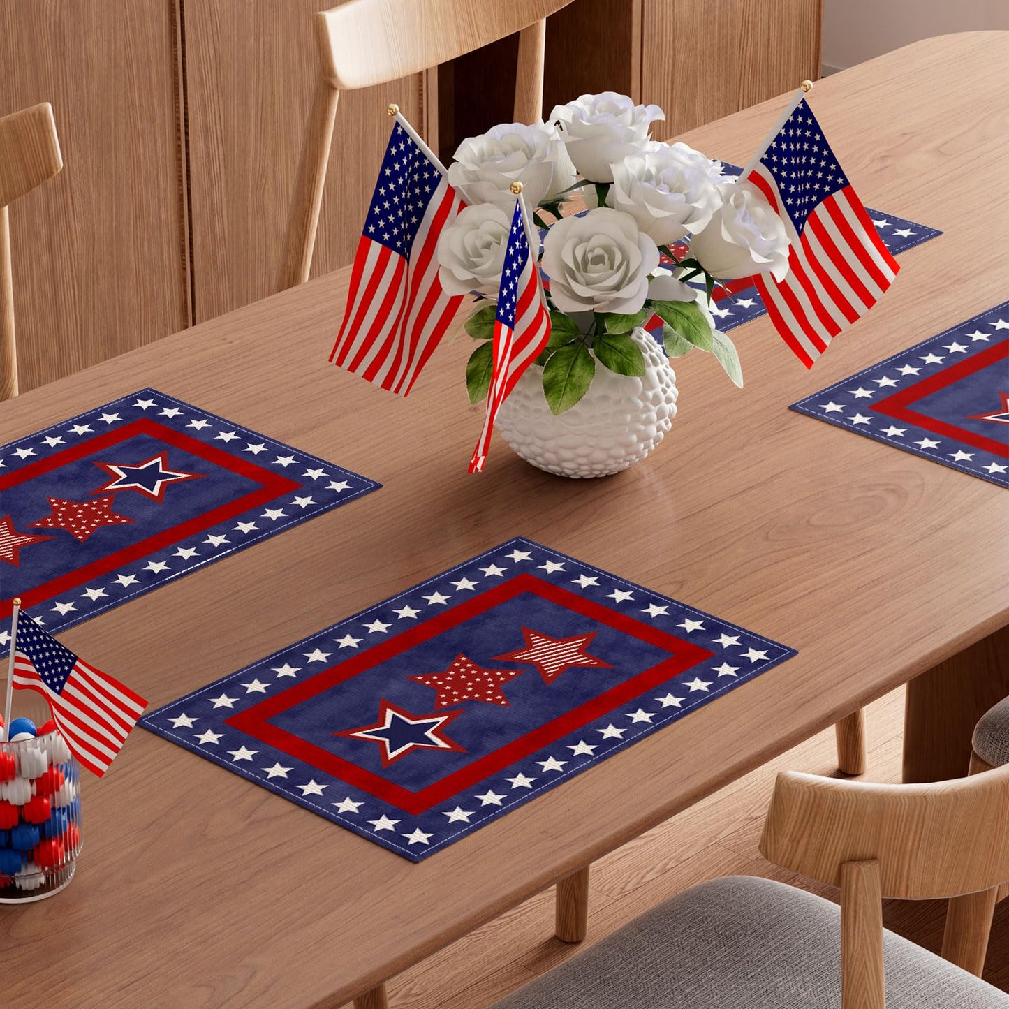 XCHI Blue Patriotic Red White Stars America 4th of July Memorial Day Independence Day Placemats Set of 4 Table Mats Decorations 12x18 Inch