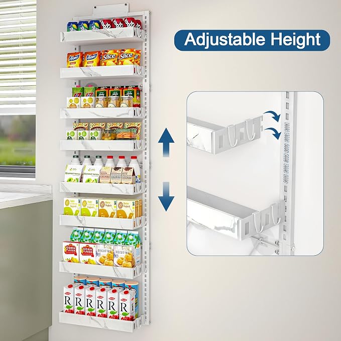 BUKFEN 8-Tier Over the Door Pantry Organizer, 2-in-1 Door Hanging or Wall Mounted Spice Rack, Heavy Duty Metal Storage Shelves with Adjustable Baskets for Kitchen Bathroom Closet