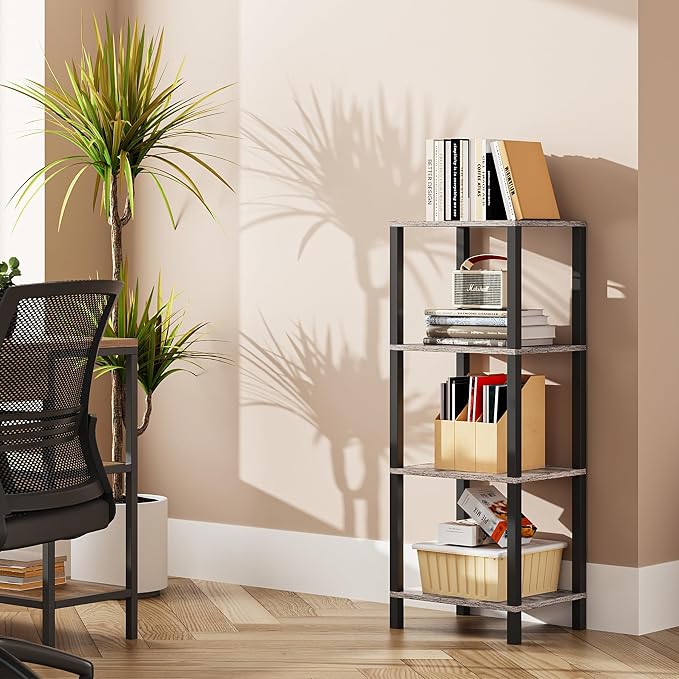 TUTOTAK Bookshelf, 4-Tier Tall Book Shelf, Narrow Bookcase for Small Space, DIY Stackable Bookshelf, for Living Room, Office, Study, Entryway, Industrial, Greige and Black BS01BG004